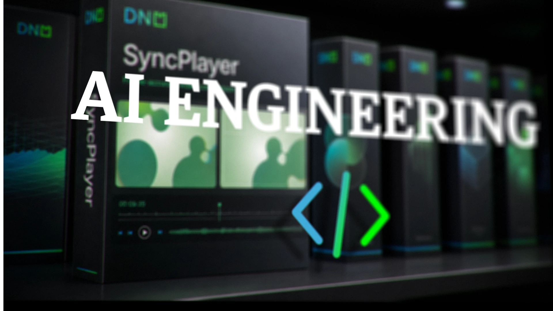 DNM SyncPlayer Software-Verpackungen mit dem Schriftzug AI Engineering und Coding-Symbol.