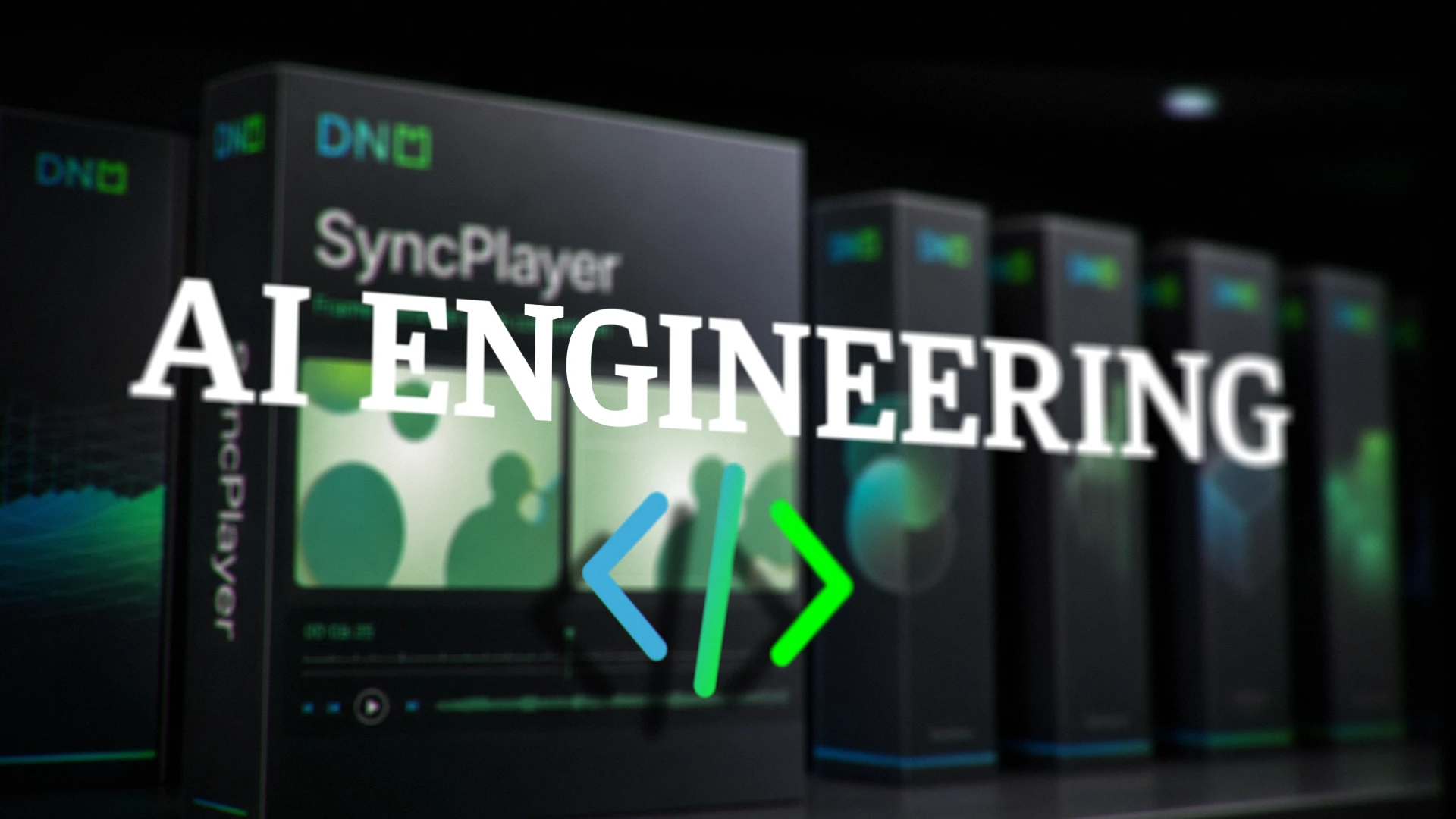 AI Engineering Softwareboxen mit SyncPlayer Produktverpackungen und Programmier-Icon.