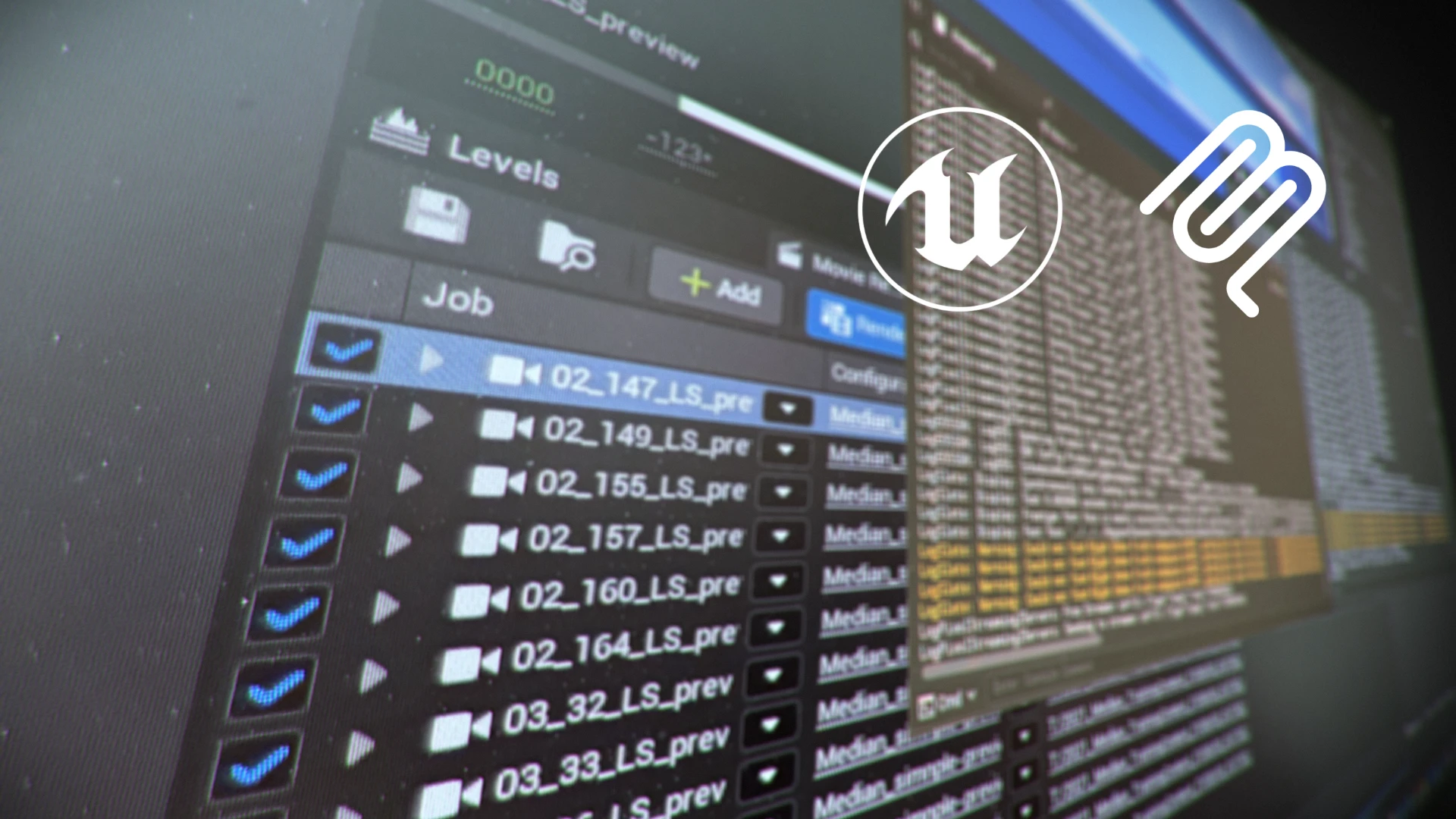 Unreal Engine Benutzeroberfläche mit Render-Jobliste und Code-Logs auf einem Computerbildschirm.