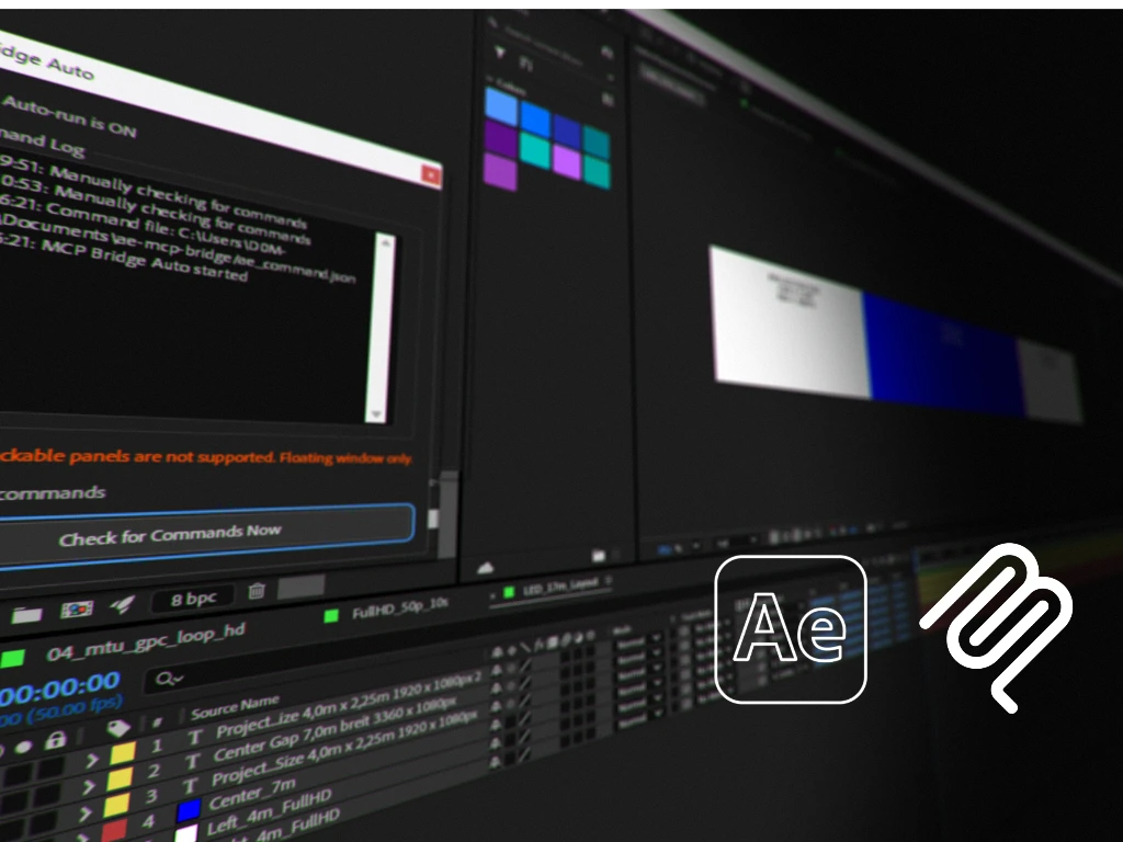 Monitor zeigt Adobe After Effects Interface mit Automatisierungs-Skripten und Log-Fenstern für Motion Design.
