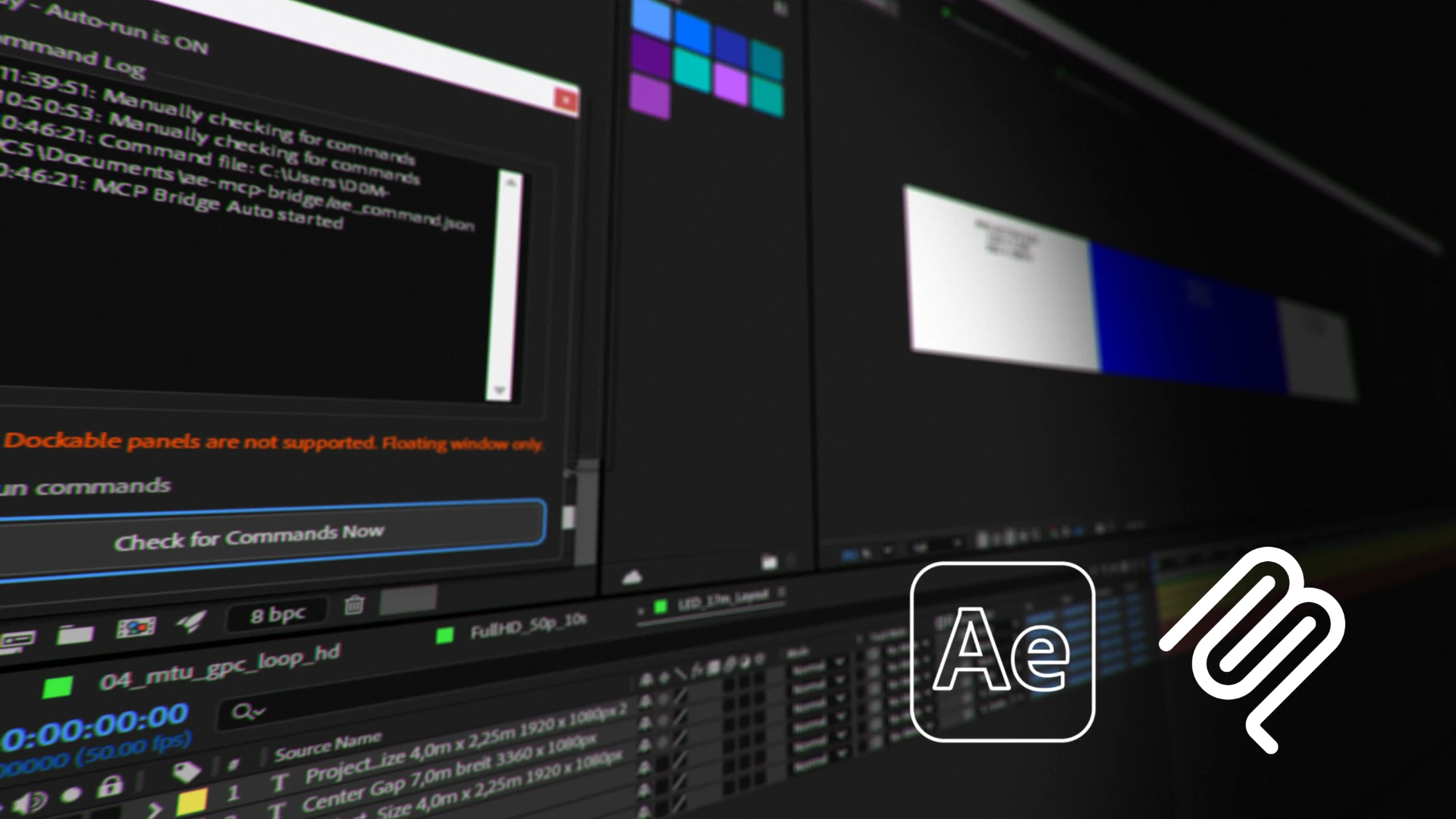 Monitor zeigt Adobe After Effects Interface mit Automatisierungs-Skripten und Log-Fenstern für Motion Design.