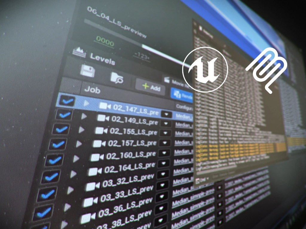 Nahaufnahme eines Monitors mit der Unreal Engine Benutzeroberfläche und Rendering-Dateilisten.