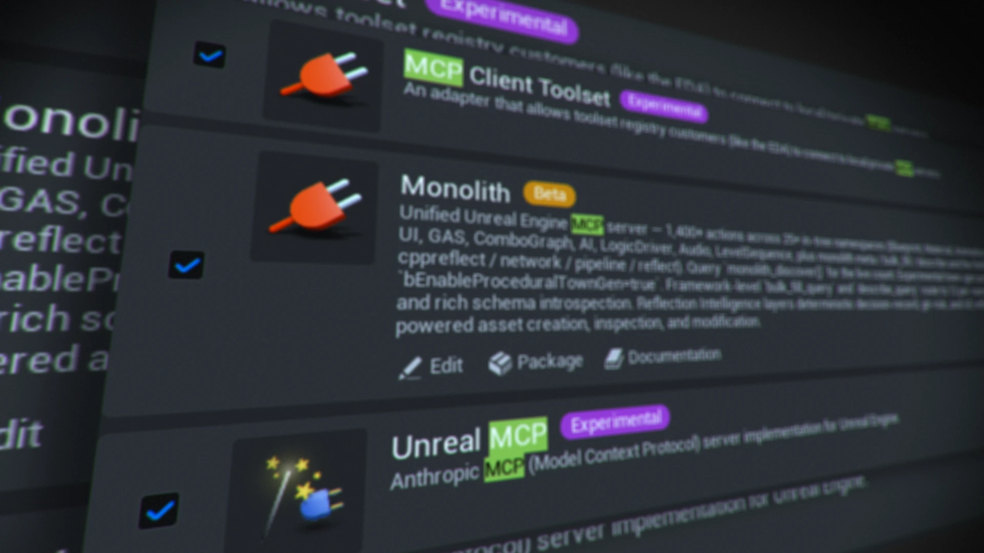 Benutzeroberfläche für MCP Client Toolset und Unreal Engine Integrationen mit dunklem Design.